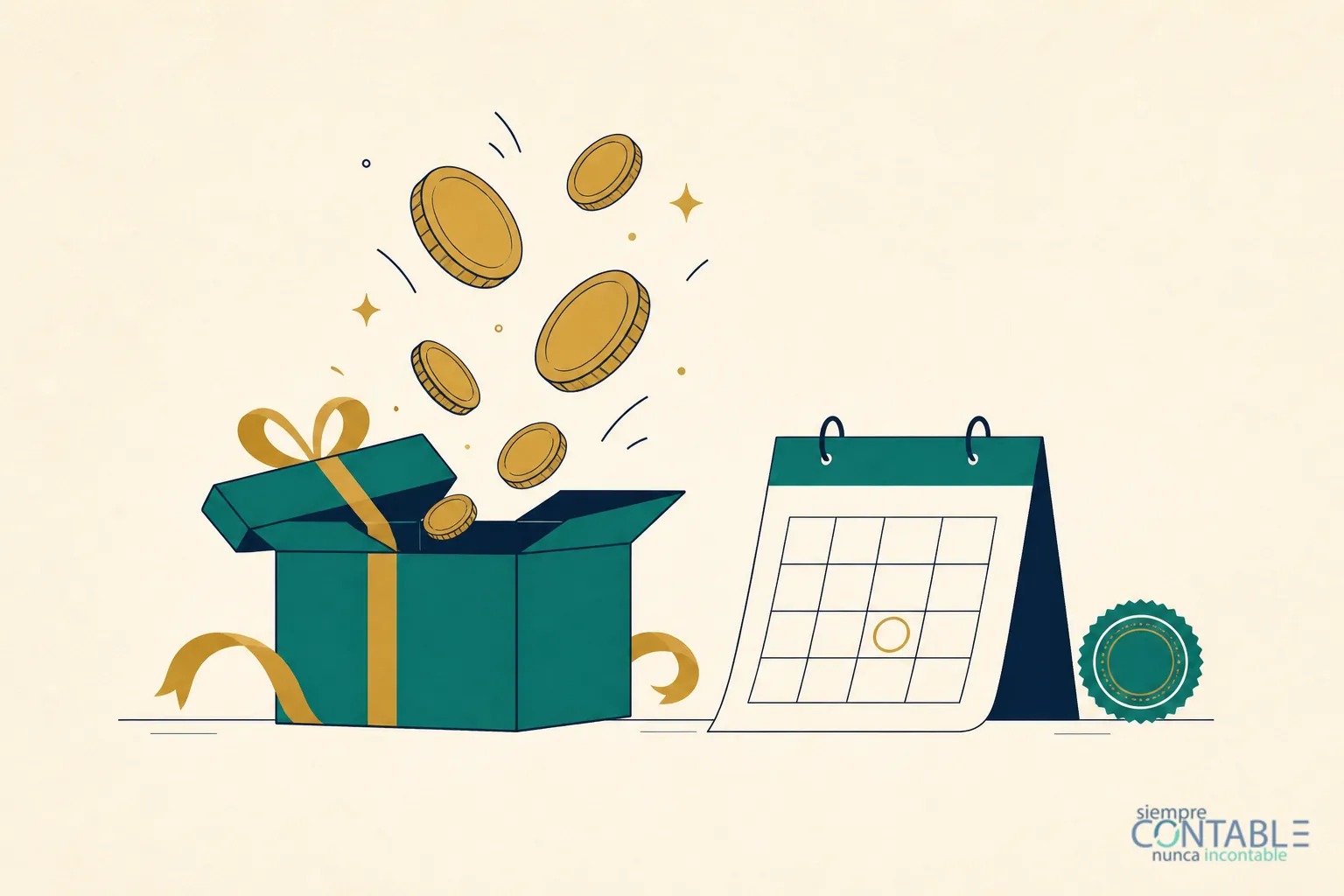 Ilustración editorial de un regalo navideño del que salen monedas junto a un calendario de diciembre, con un sello de cumplimiento