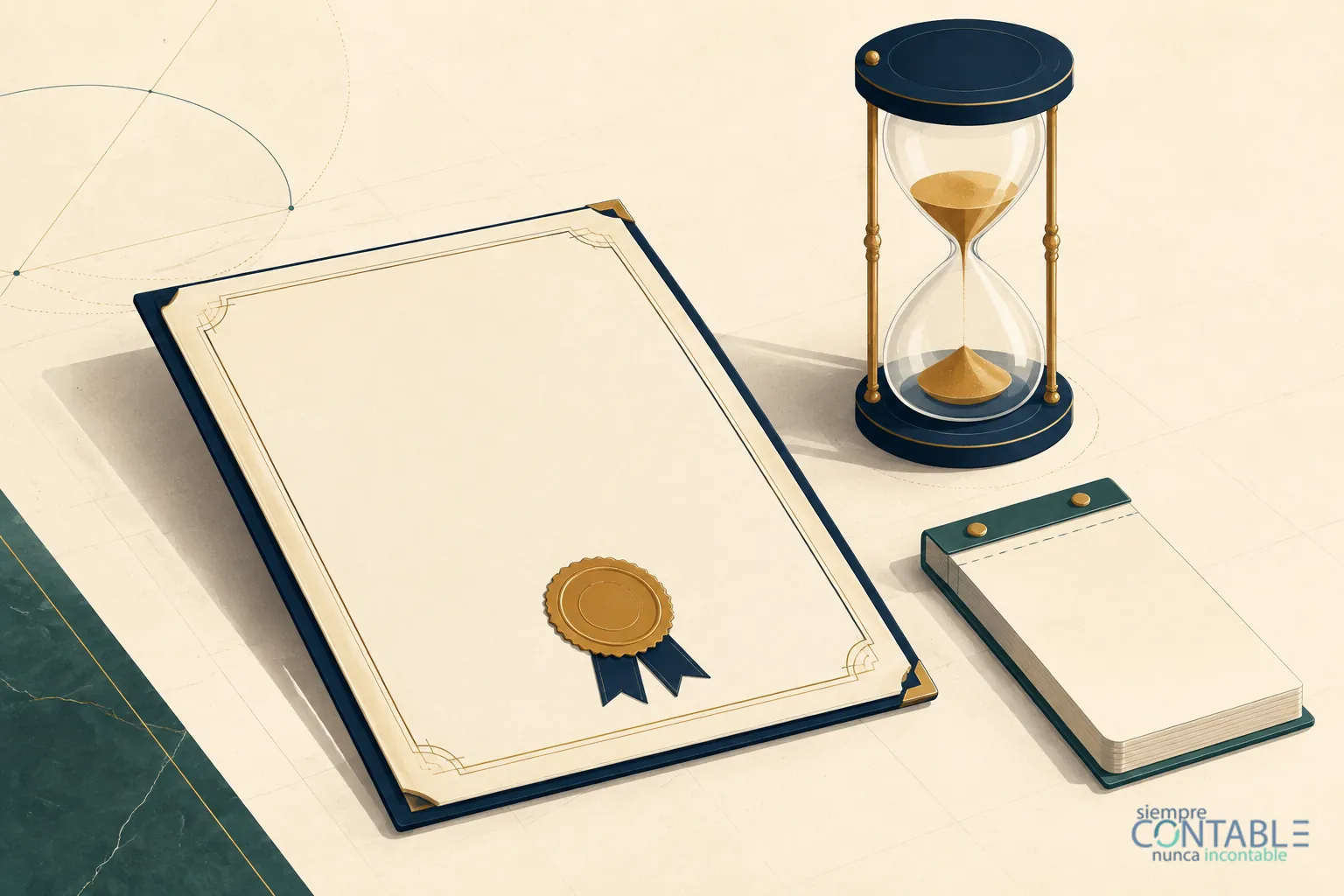 Ilustración editorial plana: un documento oficial encuadernado en azul marino con un sello de lacre dorado, un reloj de arena con la arena cayendo y un talonario de comprobantes en blanco, sin usar