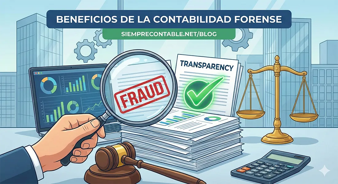 Lupa sobre documentos con un sello rojo de FRAUDE junto a un expediente de transparencia con palomita verde, una balanza de justicia, un mazo y una laptop con gráficas financieras