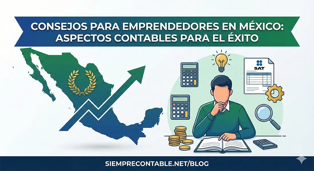 Mapa de México con una flecha de crecimiento ascendente y un emprendedor pensativo rodeado de calculadoras, un formulario del SAT, un libro abierto y monedas