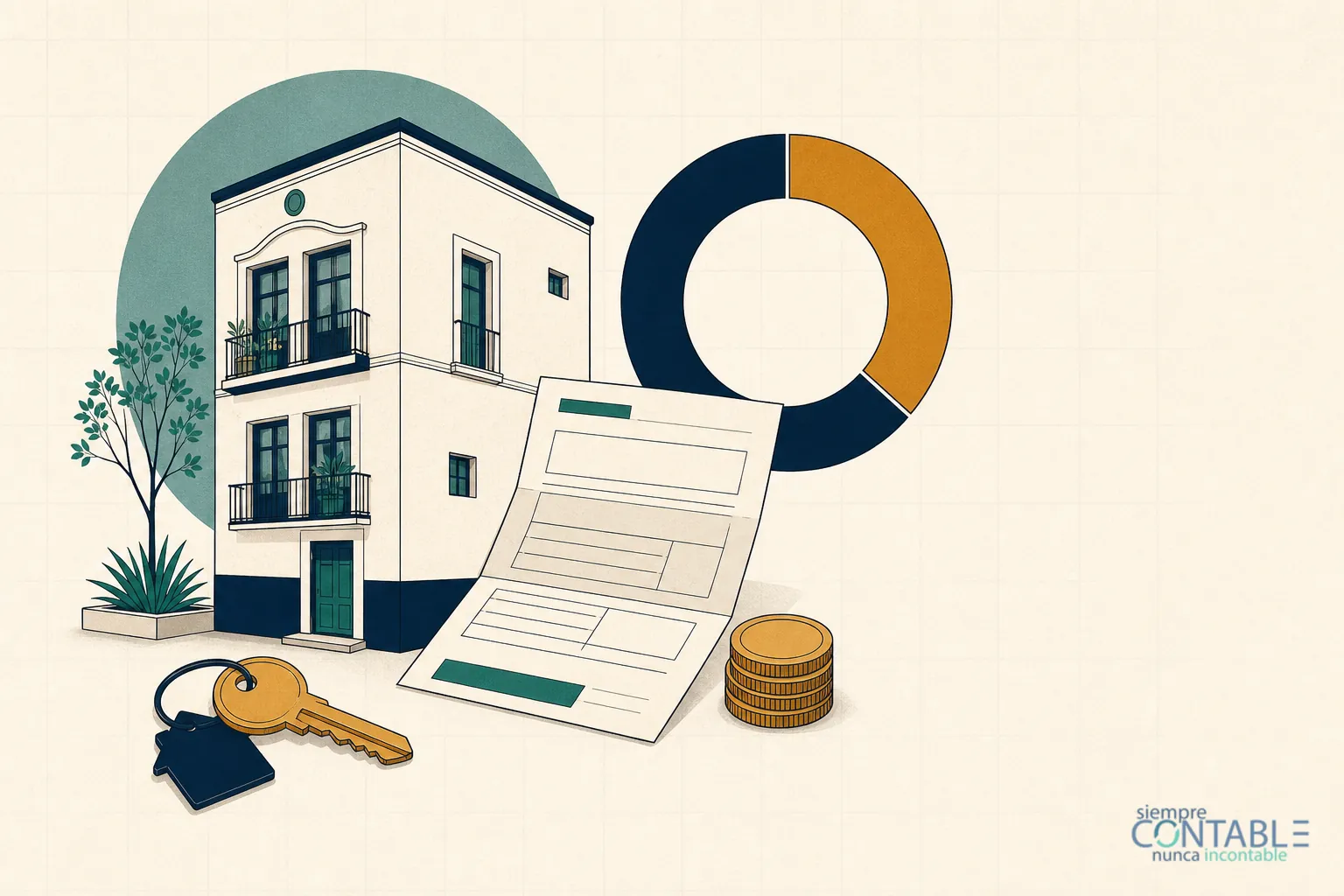 Ilustración editorial de una casa en renta con una llave, un recibo de predial, una gráfica de dona y monedas: la deducción ciega en arrendamiento