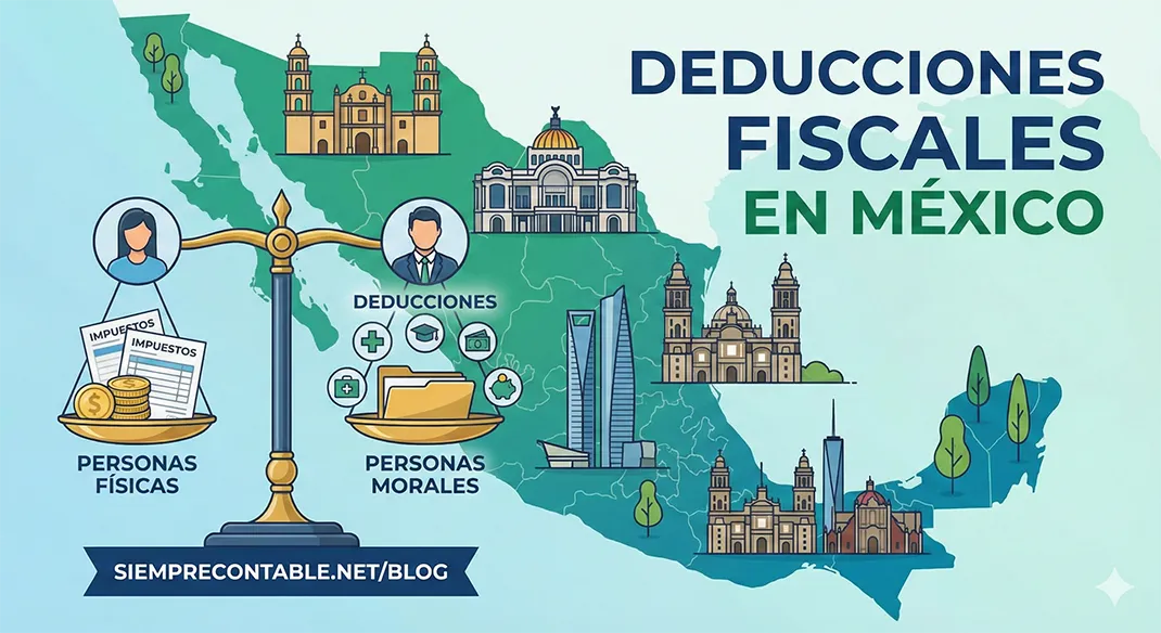 Balanza que compara las deducciones de personas físicas y personas morales sobre un mapa de México con edificios emblemáticos e iconos de salud, educación y ahorro