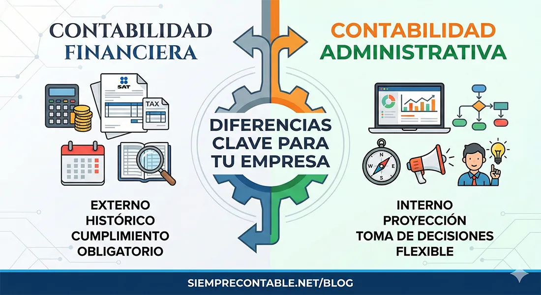 Comparativa entre contabilidad financiera (externa, histórica, de cumplimiento obligatorio) y contabilidad administrativa (interna, de proyección, flexible), con engranes al centro