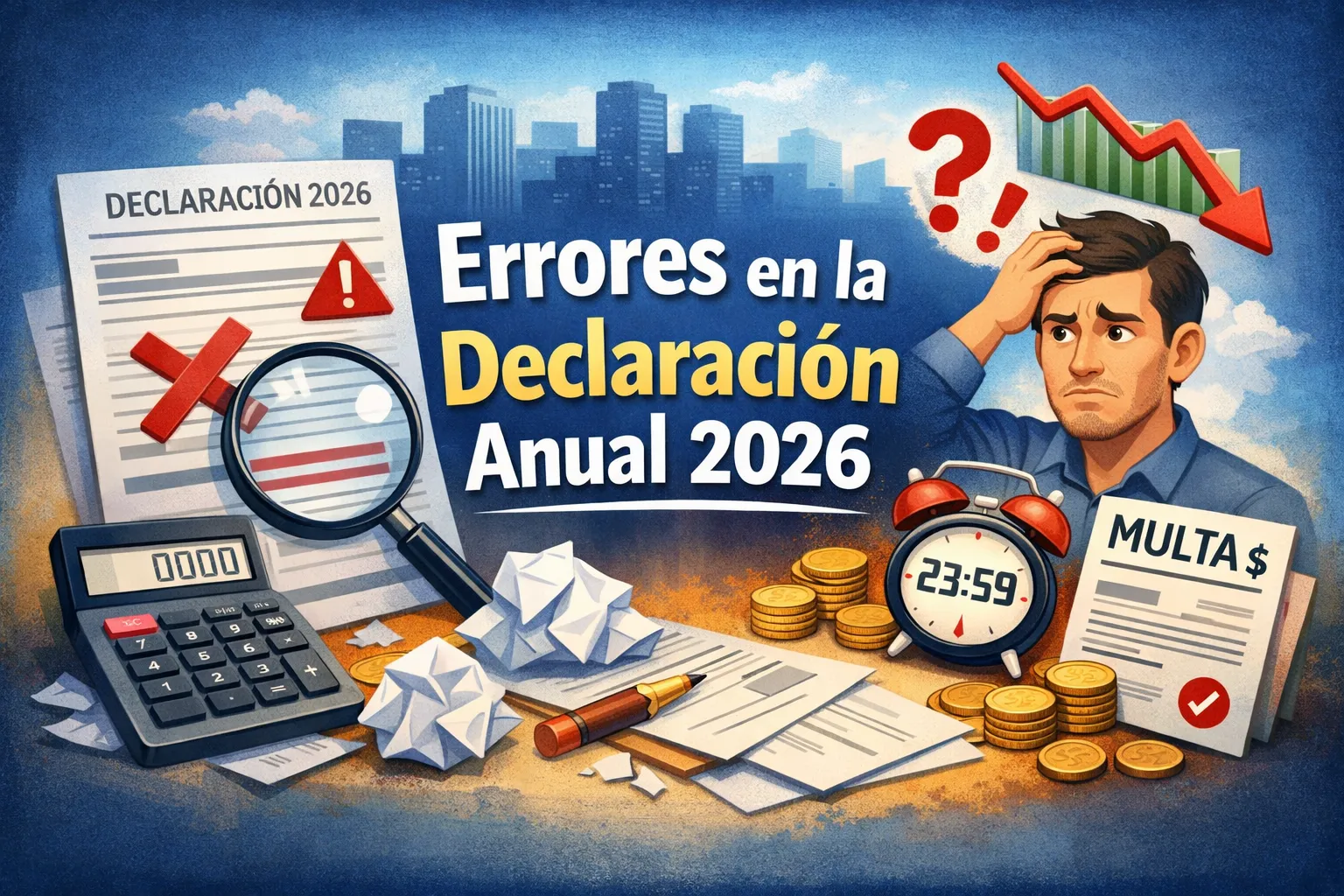Declaración anual 2026 marcada con una tacha roja y señal de advertencia, entre papeles arrugados, una calculadora, un reloj en 23:59 y un aviso de multa