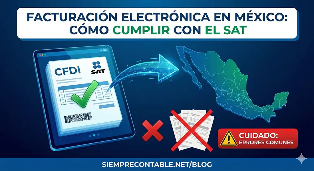 Tablet que muestra un CFDI validado con el logo del SAT y una palomita verde, junto a facturas en papel tachadas, un mapa de México y un aviso de errores comunes