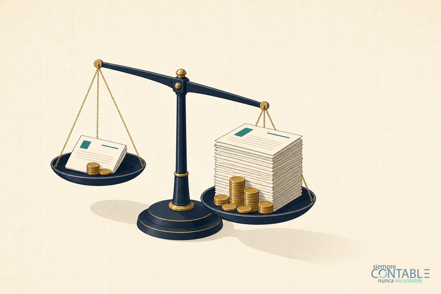 Ilustración editorial de una balanza que compara un documento de pago pequeño (finiquito) contra un montón mayor de documentos y monedas (liquidación)