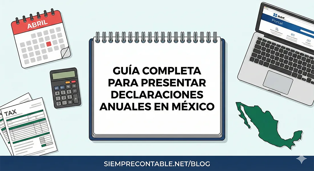 Escritorio visto desde arriba con una libreta, un calendario de abril, calculadora, formularios de impuestos y una laptop abierta en el portal del SAT