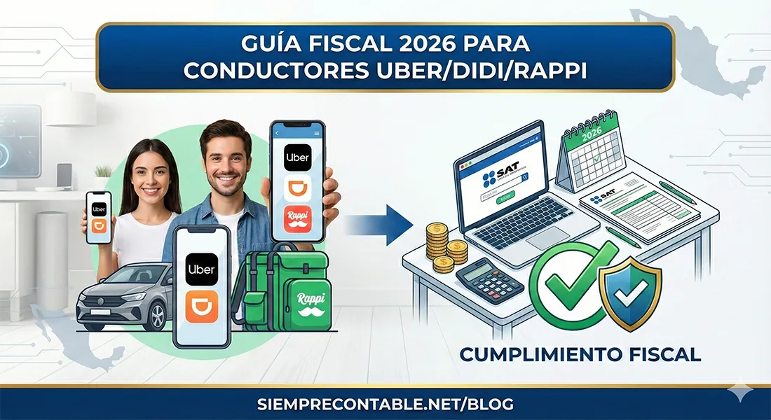 Dos conductores de plataformas sostienen teléfonos con las apps de Uber, Didi y Rappi, junto a un escritorio con el portal del SAT, calendario 2026, calculadora y escudos de cumplimiento fiscal