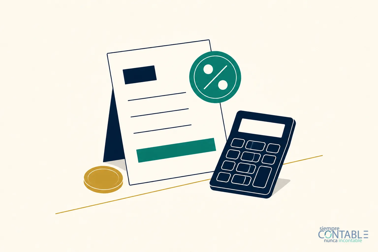 Ilustración editorial de una factura con el desglose de subtotal e IVA junto a una calculadora y un sello del 16%