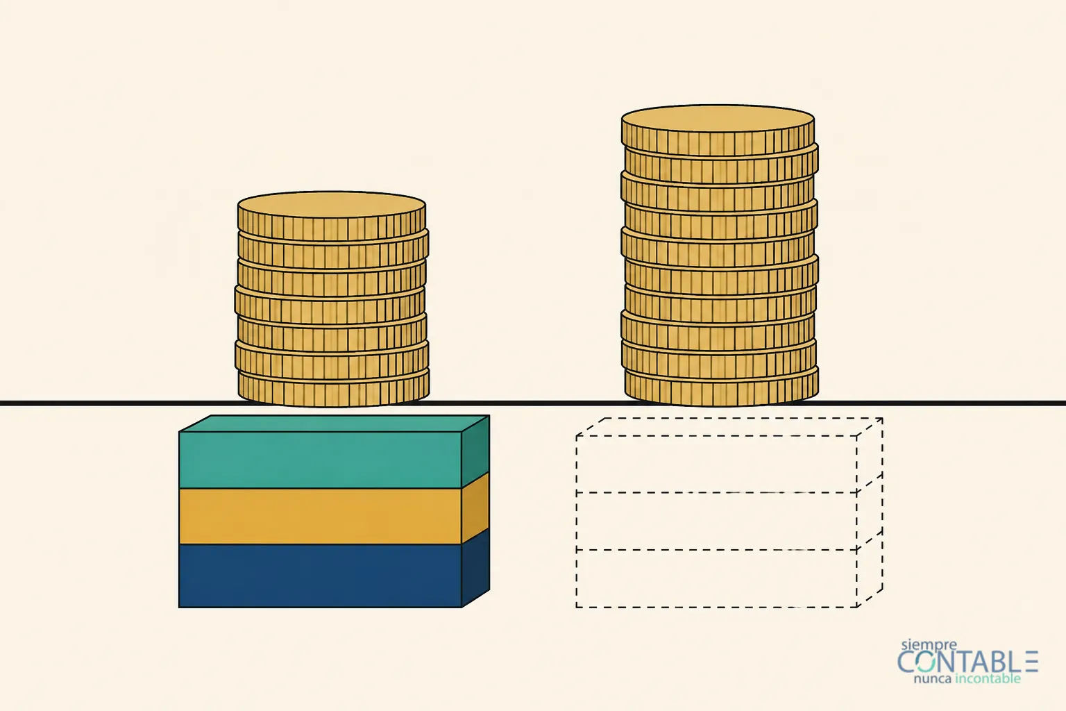 Ilustración editorial en corte transversal: dos pilas de monedas sobre una línea de suelo; la pila más baja se apoya en tres capas macizas de cimiento y la más alta flota sobre el contorno punteado de un cimiento ausente