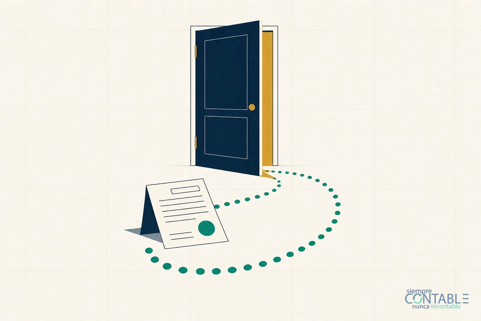 Ilustración editorial plana sobre fondo crema: una puerta azul marino entreabierta con una rendija de luz dorada y un camino punteado verde que sale del umbral, rodea un documento en blanco con un sello y vuelve hacia la puerta