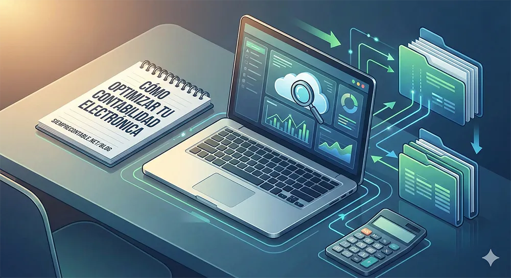 Laptop sobre un escritorio mostrando un tablero contable con gráficas y una lupa sobre una nube, conectada por flechas a carpetas de archivos digitales, junto a una libreta y una calculadora