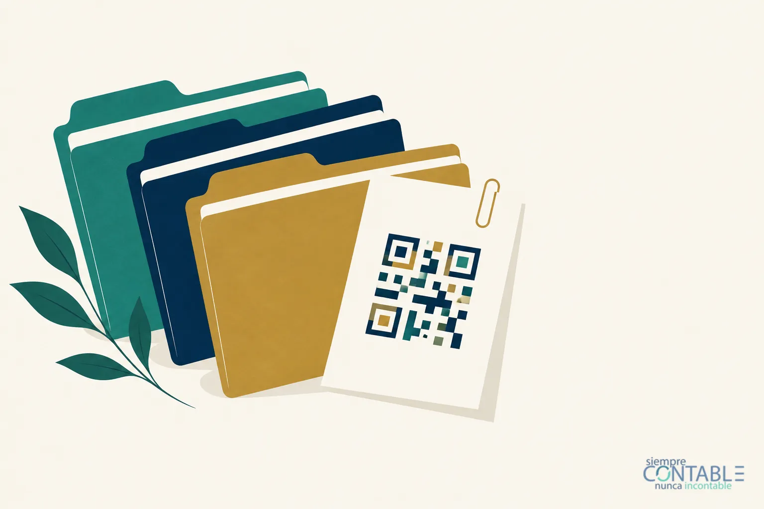 Ilustración editorial plana sobre fondo crema: tres carpetas de archivo en abanico con pestañas verde, azul marino y dorada, y a un lado un documento con un código QR sujeto con un clip