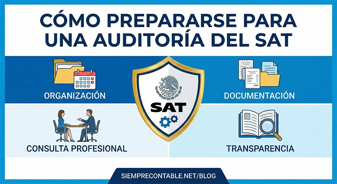 Las cuatro claves para prepararse ante una auditoría del SAT — organización, documentación, consulta profesional y transparencia — alrededor de un escudo con el logo del SAT