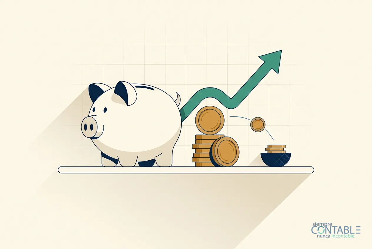 Retención de ISR sobre intereses 2026: alcancía con monedas y una parte retenida, ilustración editorial