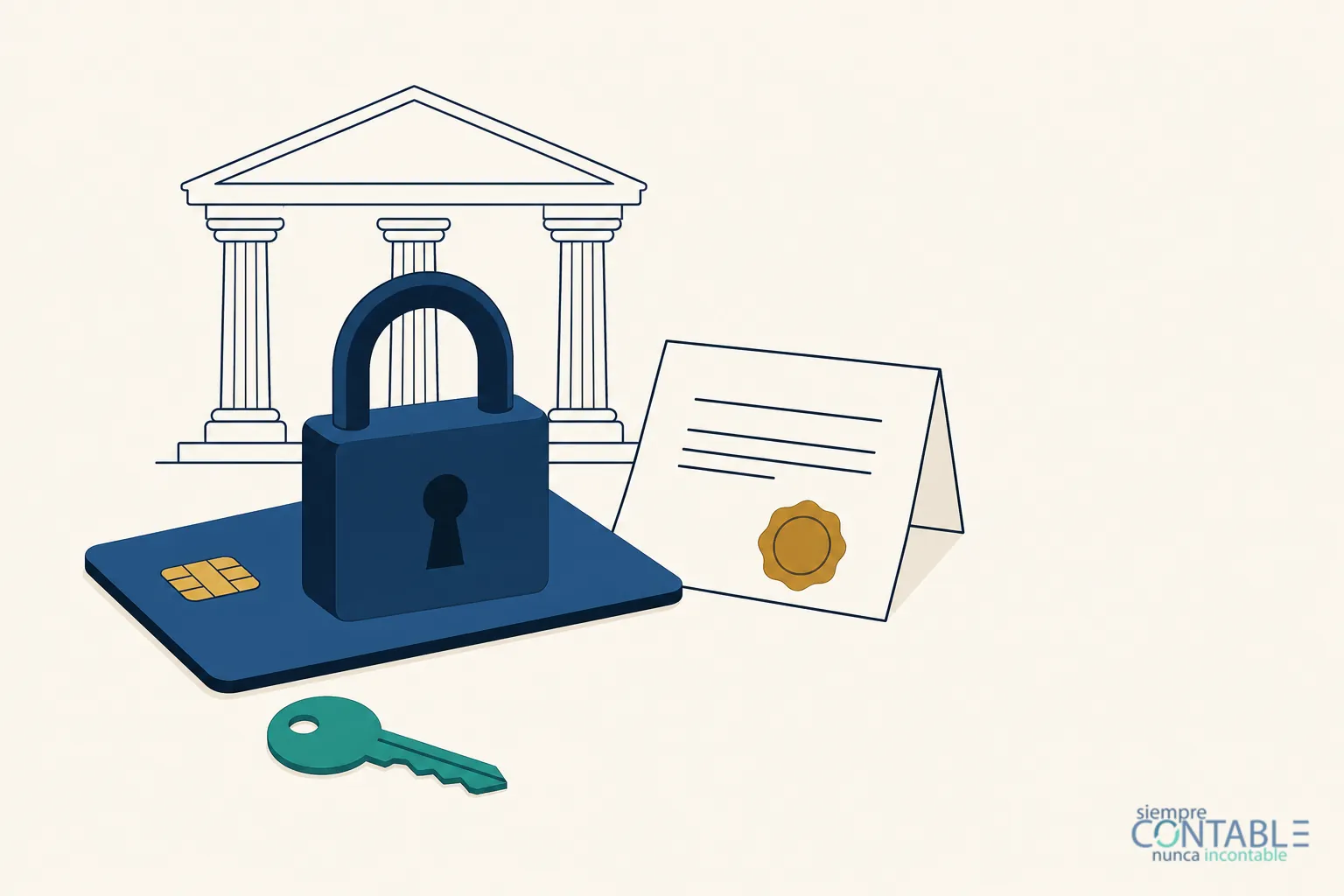 Ilustración editorial plana: una tarjeta bancaria azul marino sujeta por un candado, junto a un oficio con sello de lacre dorado, la silueta de un edificio de columnas al fondo y una llave verde a un lado