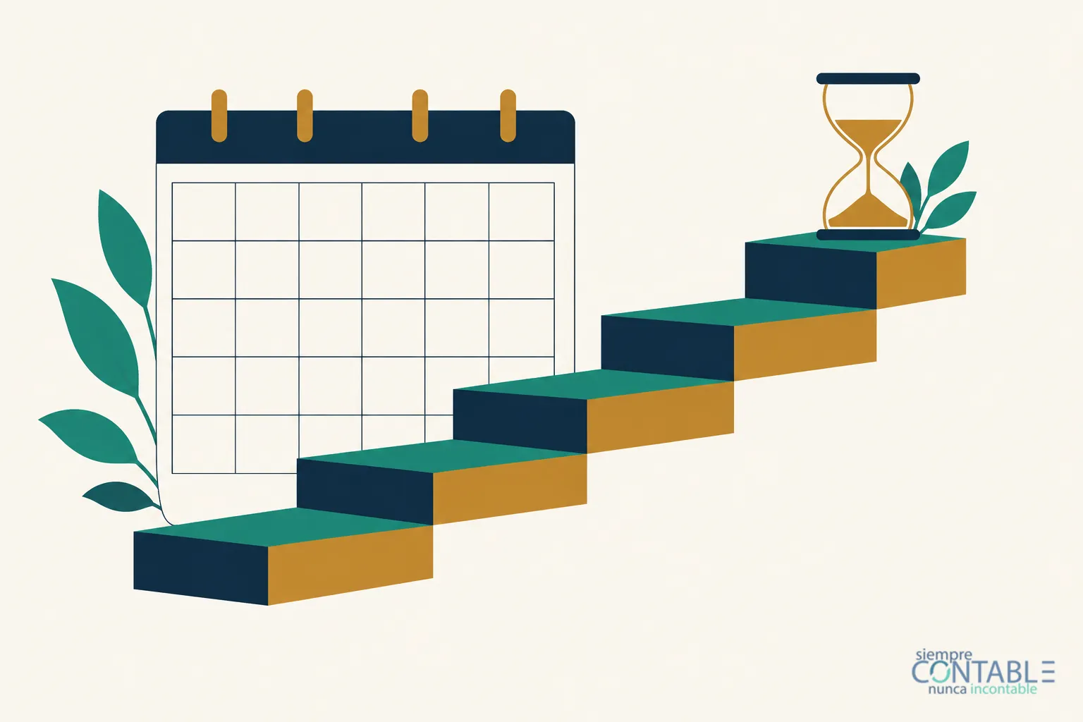 Ilustración editorial plana sobre fondo crema: un calendario de pared junto a una escalera de bloques verdes y dorados que sube hacia la derecha, con un reloj de arena dorado en el escalón más alto y hojas verdes a los lados